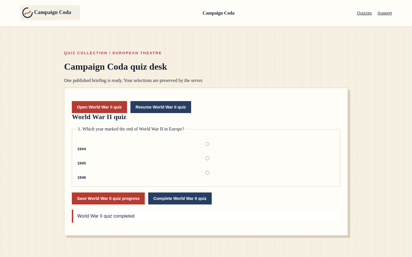 Campaign Coda desktop quiz desk with a published World War II question, save and complete actions, and completed result