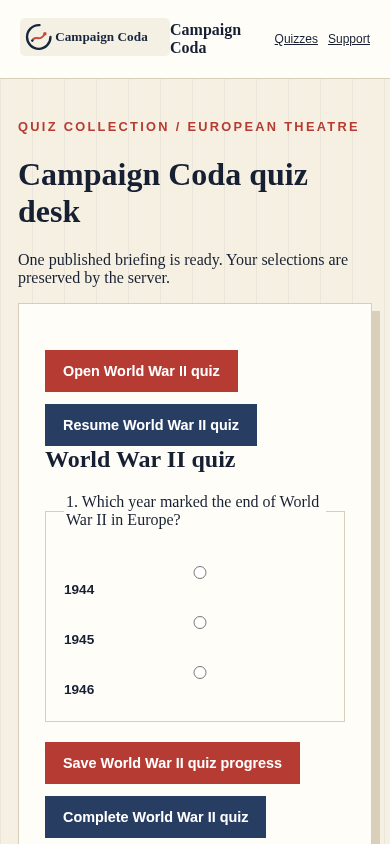 Campaign Coda mobile quiz desk with a World War II question and save and complete actions